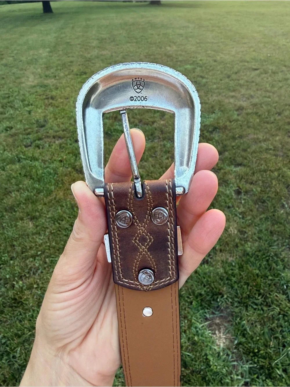 Ariat Brown Leather Western Belt with Silver Floral Buckle and Tip